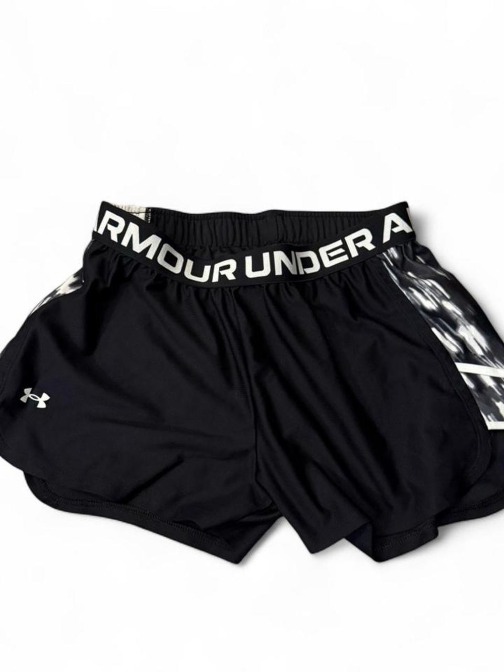 Under Armour Women’s Black Athletic Shorts with White Logo & Waistband